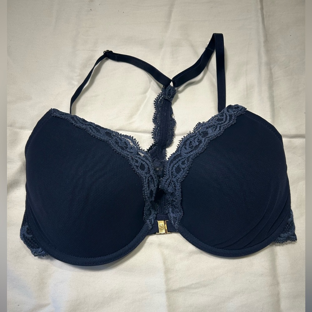 32D blue front clasp lace bra